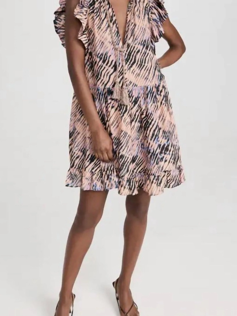 Ulla Johnson Ruffled V-Neck Zebra Print Mini Dress Lina Cover-up  - Pink & Black